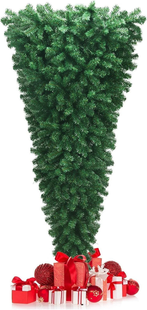 HAPPYGRILL 7ft Upside Down Christmas Tree, Artificial Xmas Tree with 1000 Branch Tips, Metal Stand, Green Inverted PVC Tree for Home Holiday Decoration