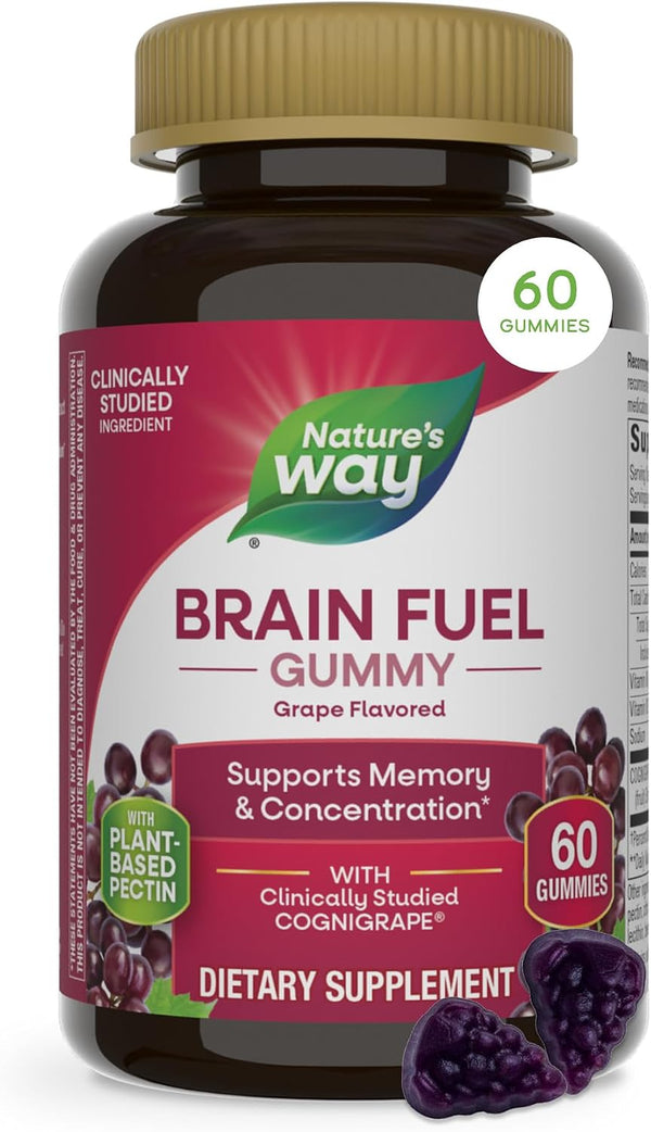 Nature's Way Brain Fuel Gummies, Brain Supplement for Focus and Memory Support,* Clinically Studied Cognigrape Supports Cognition,* Vitamins B6 & B12 Support Brain Function,* Grape Flavored, 60 Count