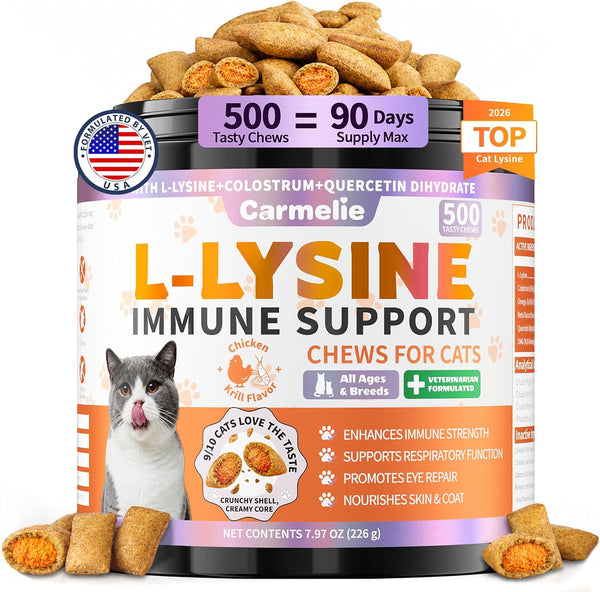 Lysine for Cats, 500ct Cat Immune Support Chews, L-Lysine Supplement for Cats with Colostrum, Omega-3, Soothes Sneezing, Runny Nose & Upper Respiratory Support, Crunchy & Creamy, Chicken Krill Flavor