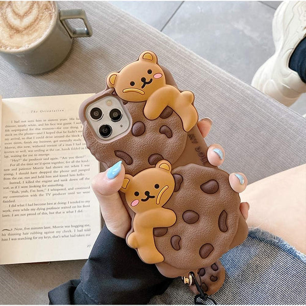 Case for iPhone 11 with Strap Lanyard Keychain Cute Bear Cookie Kawaii Funny Soft Silicone Shockproof Protective Cover for Women Girls