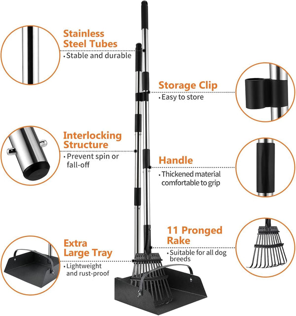 Toozey Extra Large Pooper Scooper for Large Dogs, 43.31" Long Handle | Sturdy Metal Tray & Rake | Cleaner Bag-Supported Pickup | Less Mess in Multi-Dog Yards | Fits Standard 13-Gallon Trash Bags