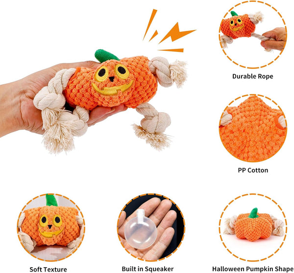Halloween Dog Toys,Halloween Pumpkin Plush Dog Squeaky Toys with Cotton Rope for Small Medium Dogs