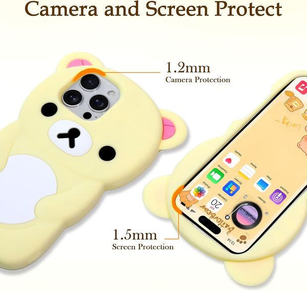 IAIYOXI Soft Silicone Bear Case for iPhone 15, Cute 3D Cartoon Teddy Bear Designed, Protective Lovely Fun Adorable Fashion Phone Case, Kawaii Cover for Women Girls Kids, Yellow