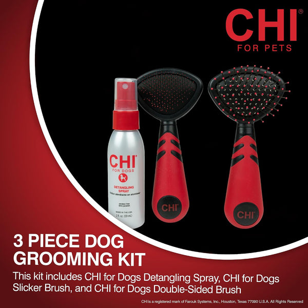 CHI for Dogs Small Dog Detangling Kit, 3-Piece Grooming Set with Detangling Spray, Slicker Brush, and Double-Sided Pin-and-Bristle Brush for Small Breeds with Tangles and Mats, Includes Zipper Pouch