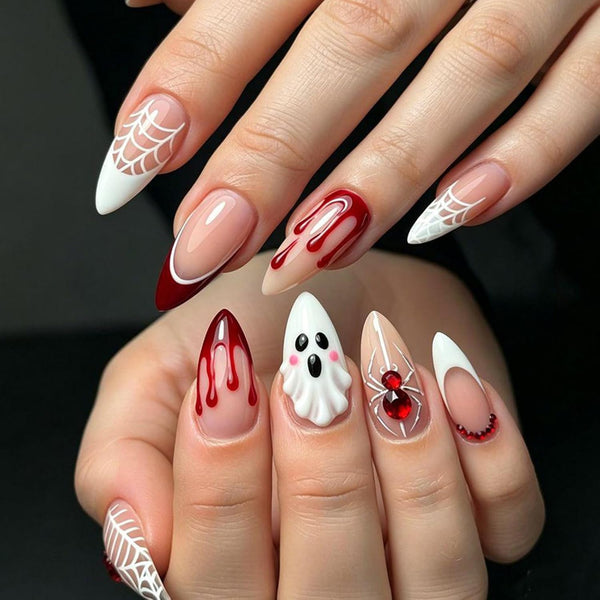 Halloween Press on Nails Medium Almond Ghost Fake Nails 30Pcs