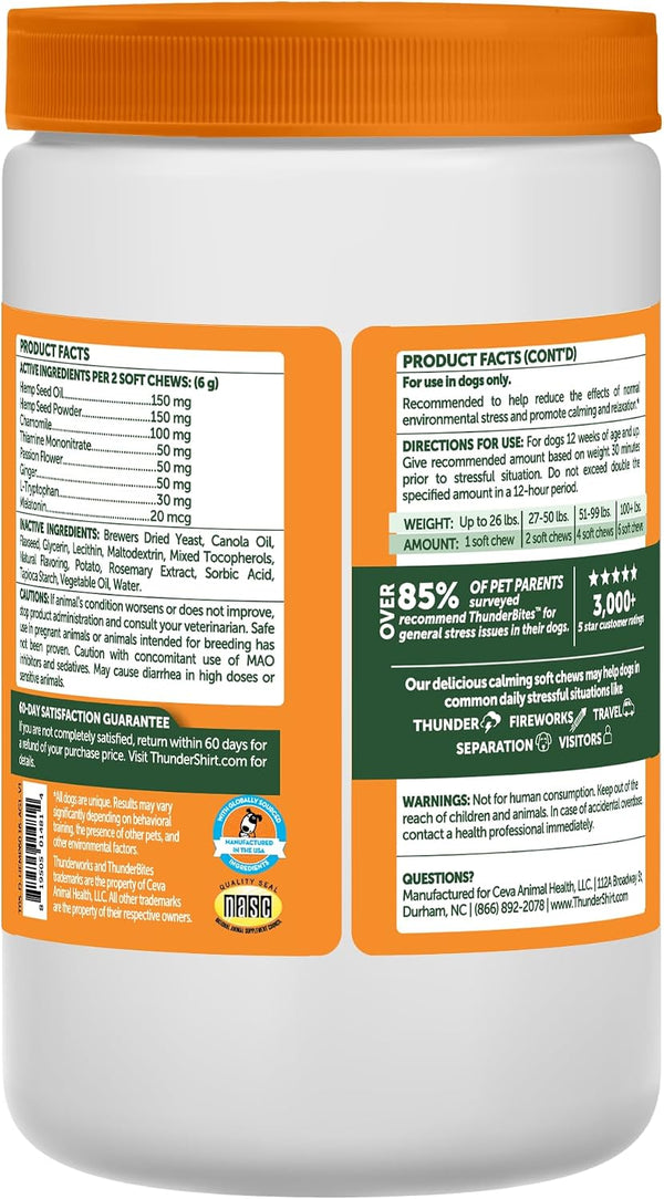 ThunderBites Hemp Calming Chews for Dogs, Everyday Use Can Help Relieve Stress from Separation, Storms, Fireworks & Travel (60 Count), Formerly ThunderWunders