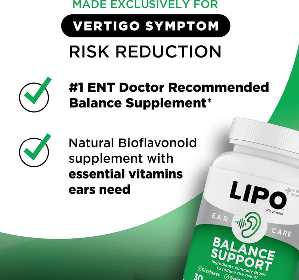 LIPO Balance Support Supplement for Dizziness & Vertigo - Inner Ear Health & Circulation Formula with Ginkgo Biloba, Vitamin D & B Complex - Supports Balance & Stability - 30 Ct