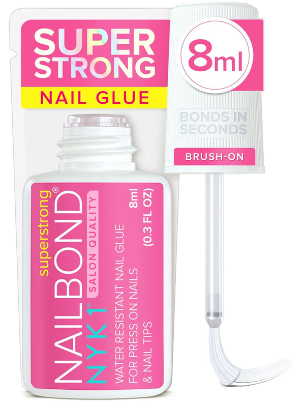 Super Strong Nail Glue for Press On Nails, Nail Tips & Acrylic Nails (8ml) NYK1 NailBond Brush On Glue for Press Ons, Tips & Acrylics - Long Lasting, Maximum Strength, Mess-Free Application