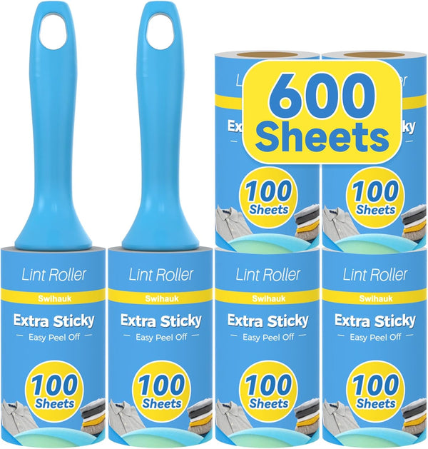 Swihauk 600 Sheets Extra Sticky Lint Rollers for Pet Hair | Easy Spiral Tear Lint Roller for Clothes with Ergonomic Handle, Multipurpose Lint Remover for Furniture, Carpet, Car Seat