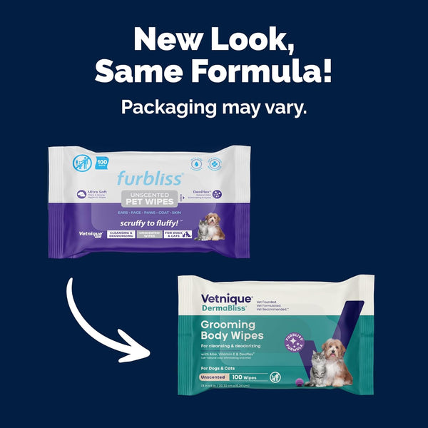 Vetnique Furbliss/Dermabliss Pet Wipes for Dogs & Cats for Grooming, Cleansing & Deodorizing, Thick Dog Wipes for Convenient Dog Cleaning with Natural Deodorizer, 100ct (NEW Unscented)