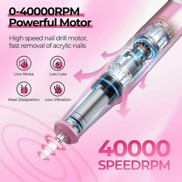 JOSGLOI 40000RPM Electric Nail File Drill Professional Kit, Drill Machine with LCD Display, Manicure Pedicure Polishing Acrylic Gel Nail Grinder for Salon, Home Use