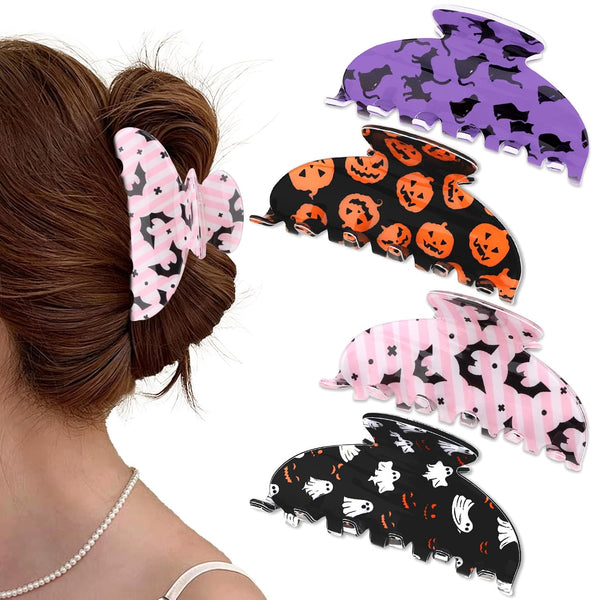 CAVETEE 4 Pack Halloween Hair Claw Clips for Women, Bat Ghost Cat Pumpkin Printed Acrylic Hair Clips for Holiday Party