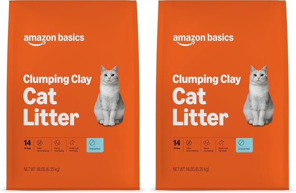 Amazon Basics Clumping Cat Litter, Unscented, Hard Clumping Formula - 14 lb Bag (Pack of 2)