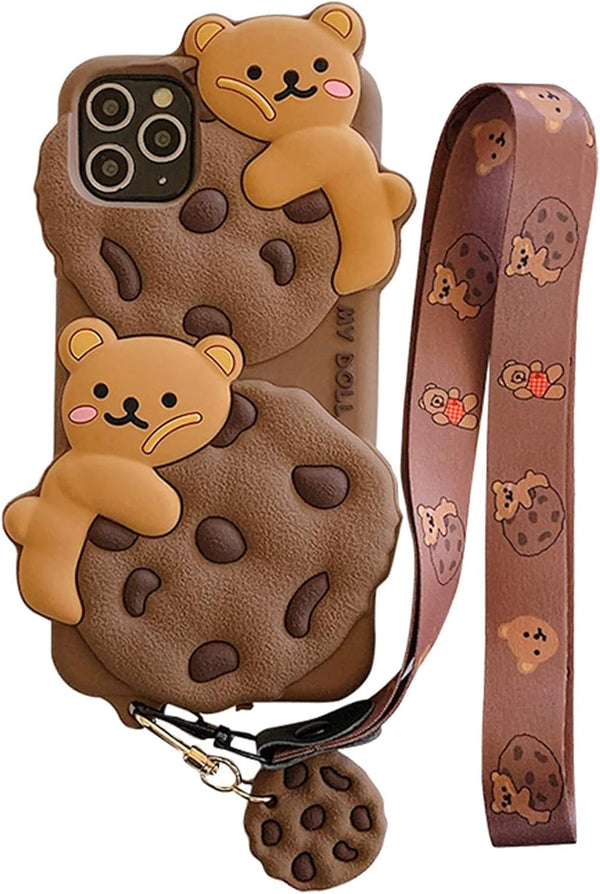 Case for iPhone 11 with Strap Lanyard Keychain Cute Bear Cookie Kawaii Funny Soft Silicone Shockproof Protective Cover for Women Girls