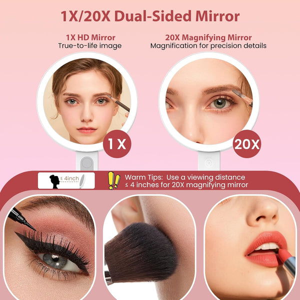 Travel Makeup Mirror with Lights, 1X/20X Magnifying Lighted Makeup Mirror with LED Display ,2-Sided Rechargeable Beauty Mirror with 3 Color Lights & Touch Control, Adjustable Vanity Mirror for Women