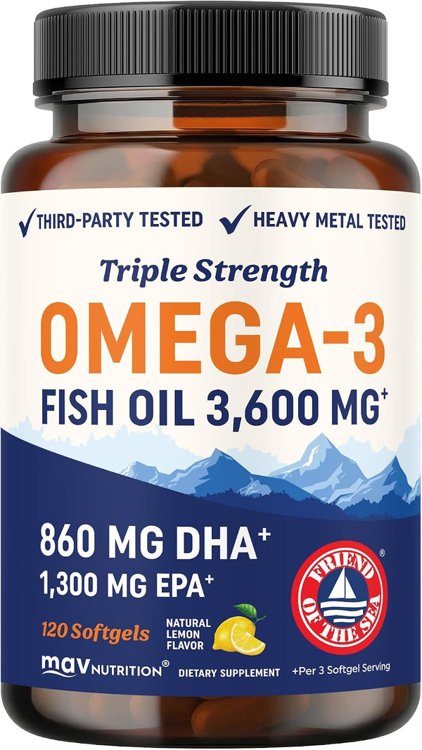 Triple Strength DHA Omega-3 Fish Oil 3600 mg | Over 2100mg Omega-3 Fatty Acids with 860 mg of DHA | 1300mg EPA | Best Essential Fatty Acids | Premium Wild Caught & Burpless Fish Oil | 120 Softgels