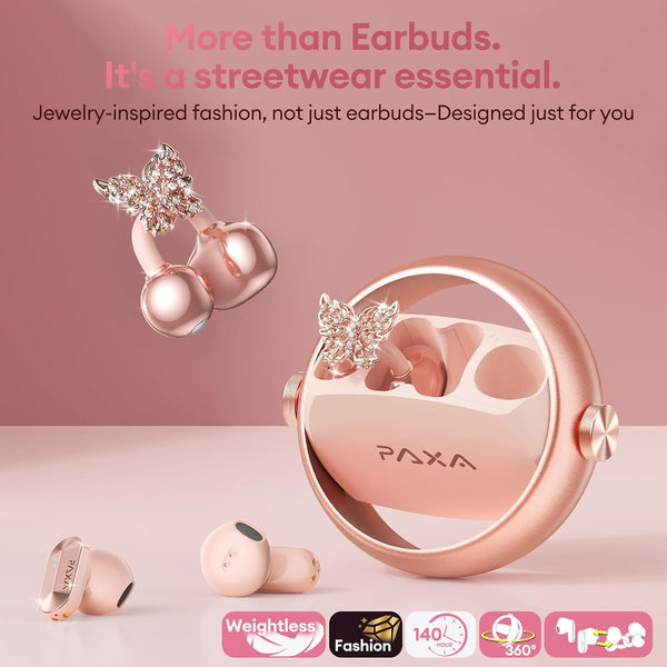 PAXA 3 in 1 Ctbuds Stylish Jewelry-Style Clip on Open Ear Headphones Wireless Earbuds, Instant Earring Mode, Ultra-Long 140H Play, Bluetooth 6.0, All-Day Wear for Work Fitness Daily Use, Rose Gold