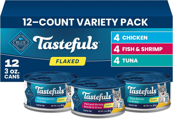 Blue Buffalo Tastefuls Flaked Adult Wet Cat Food Variety Pack (Tuna, Chicken, Fish & Shrimp), Natural Ingredients Enhanced with Vitamins, Minerals & Other Nutrients, 3-oz. Each (12 Cans)
