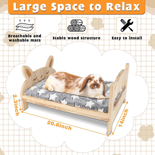 BWOGUE Large Wooden Rabbit Bed, Bunny Bed with Removable Cushion, 2-in-1