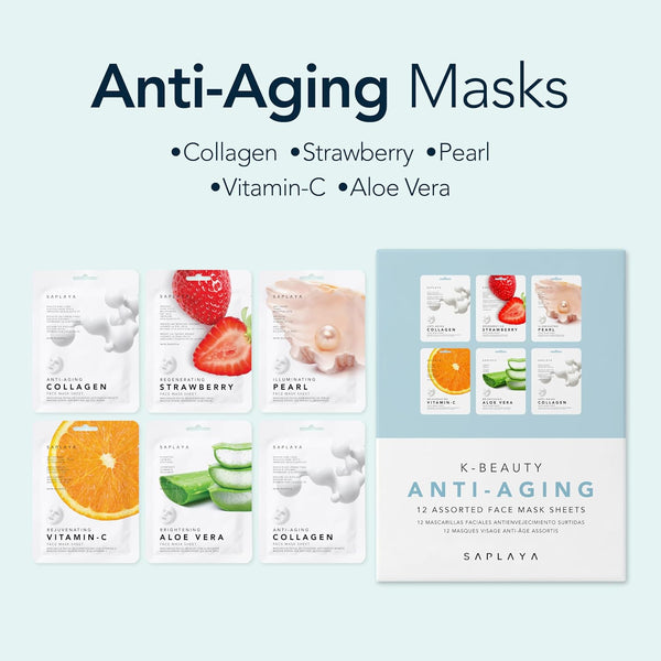 K-Beauty Facial Skincare Natural Beauty 12 Piece Multi-Pack Face Sheet Masks Balanced Skin Care Made In South Korea (Anti-Aging (Aloe Vera, Pearl, Collagen, Strawberry, Vitamin-C))