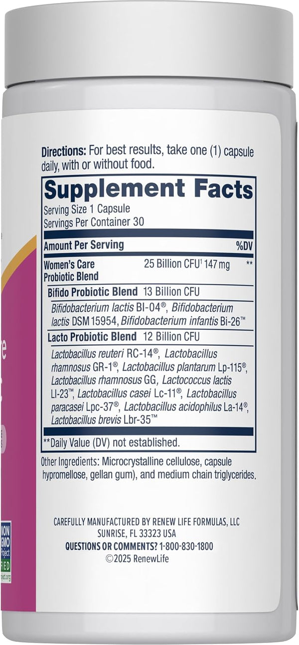 Renew Life Women's Probiotic | 25 Billion CFU | 30 Vegetarian Capsules | Supports Urinary, Digestive, and Immune Health | Dairy, Soy and Gluten-Free Supplement