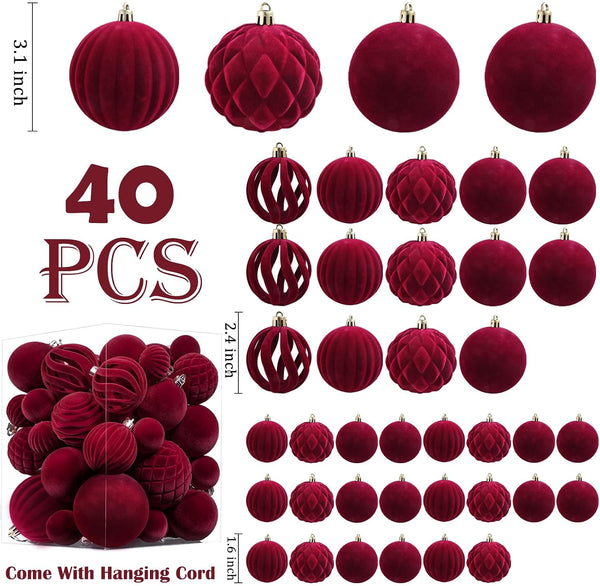Thewe 40Pcs Velvet Shatterproof Christmas Ball Ornaments Set,Burgundy