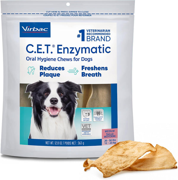 Virbac C.E.T.® Enzymatic Oral Hygiene Chews for Dogs, Medium - Plaque & Tartar Control - Single Layer Beefhide with Exclusive Dual-Enzyme System & Tasty Chicken Flavor - Easy to Give Dog Dental Chew