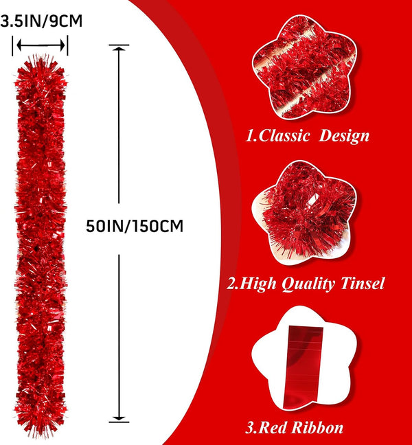 50Ft Red Christmas Garland Decorations,Xams Tinsel Stems Non-Lit Soft Twist Garland Decor for Tree Stairs Railing Front Door Mantle Fireplace Indoor Outdoor Holiday Home
