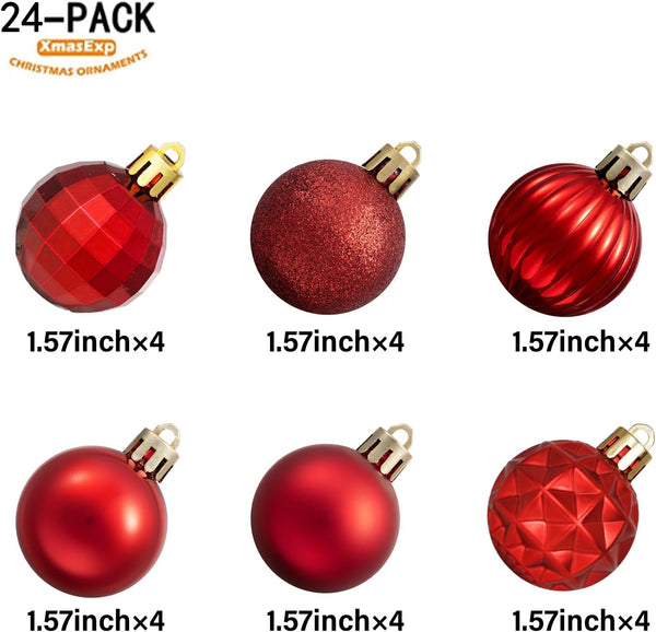XmasExp 24ct Red Christmas Ornaments for Tree Decorations, Small Shatterproof Christmas Ball Ornaments Set for Xmas Tree, Perfect Plastic Hanging Balls for Home Holiday Party Decor (1.57'', Red)