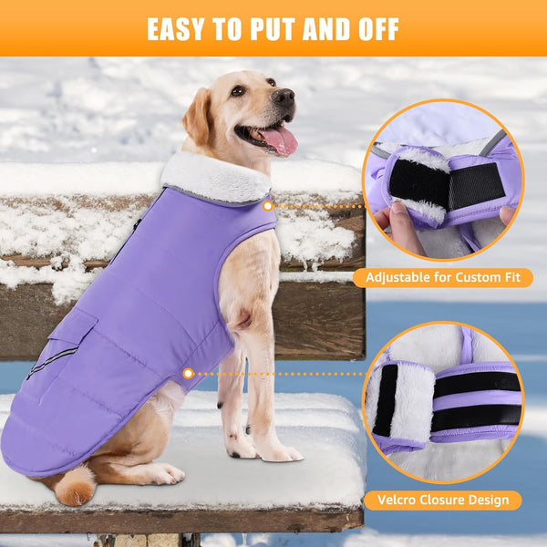 Dog Winter Coat for X-Large Dogs, Easy on Dog Snow Fleece Coat Velcro Waterproof Pet Puffer Jacket with Harness Hole Adjustable Reflective Quilted Pet Cold Weather Vest for Girl Female
