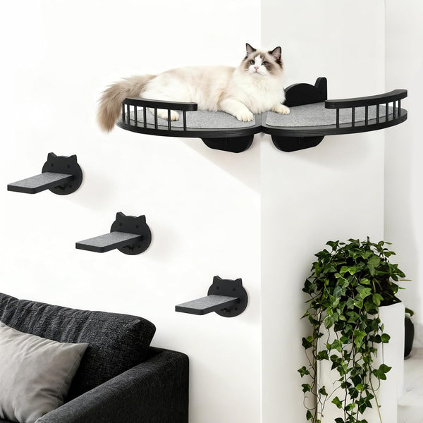 Cat Wall Shelves Furniture Set with Scratching Pad,Wooden Cat Climbing Wall Systems with 2 Perches and 3 Steps, Floating Shelves Bed Wall Mounted for Indoor Fit Up to 15Lbs (Black)