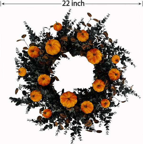 WreathDream 22" Halloween Wreath for Front Door Halloween Door Wreath with Pumpkins,Bronze and Black eucalptus Leaves for Front Door Indoor Outdoor Farmhouse Home Wall Window Festival Wedding Decor