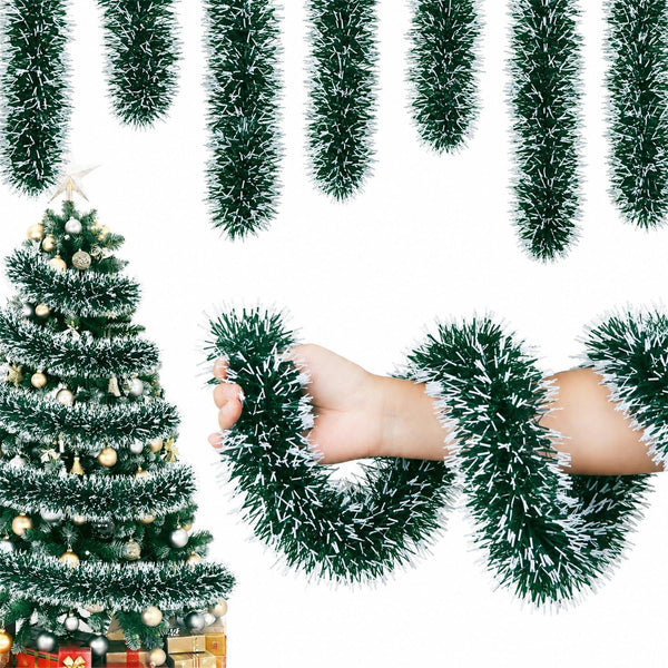 50FT Snowy Green Christmas Tinsel Garland, Metallic Twist Shiny Hanging Garland Ornaments for Xmas Tree Party Supplies Thick Thin Metallic Streamers for Indoor Outdoor Decor