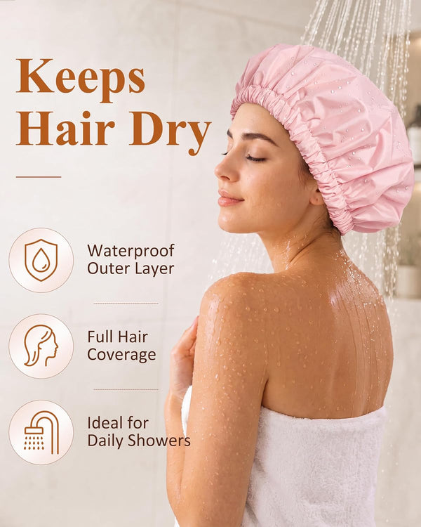 Edoneery Reusable Shower Caps for Women, Waterproof Long Hair Bonnet | Washable Design, Wide Elastic Band, Large Fit, Holds Long Hair, Braids Friendly, Bath Accessories, Spa, Travel