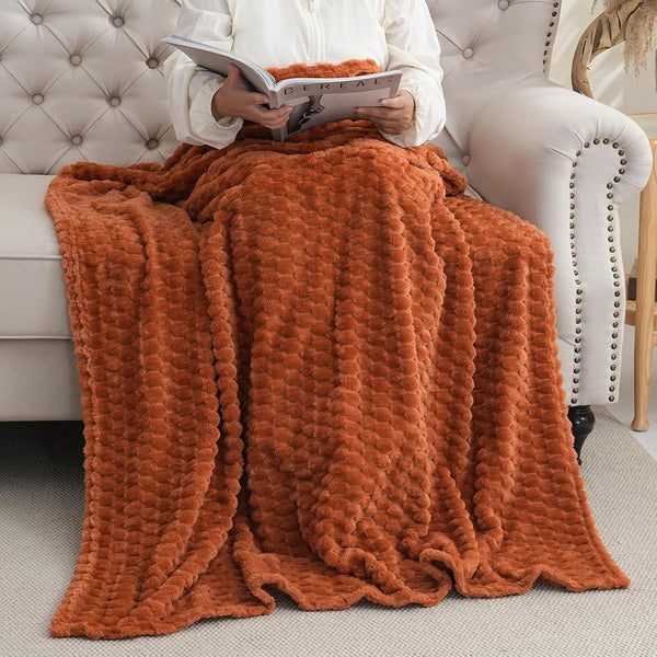 Puncuntex Burnt Orange Throw Blanket 50"×60" Fuzzy 3D Jacquard Decorative