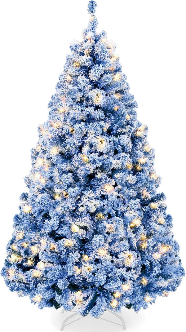 Best Choice Products Artificial Flocked Christmas Tree, 6ft Premium Pre-Lit Colorful Pine Holiday Décor w/250 Twinkle Lights, Metal Base - Baby Blue
