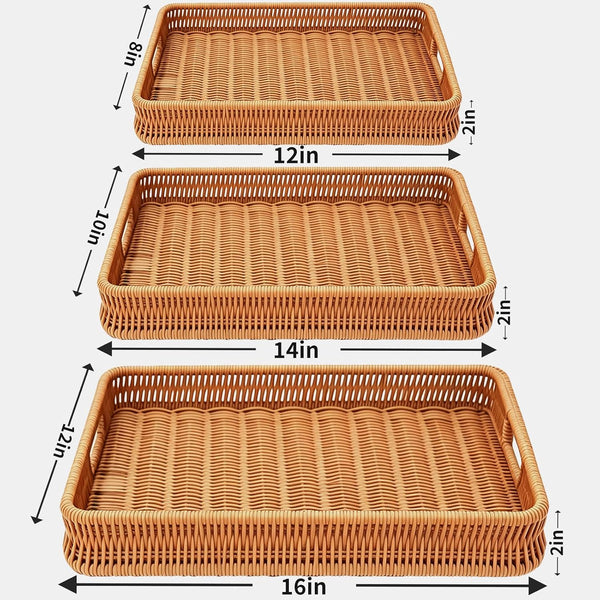 3PCS Hand-Woven 16“ Rattan Rectangular Serving Tray with Handles – Wicker Tray for Coffee Table Decor, Breakfast Basket, Drinks, Fruit, Snacks Organizer, Ottoman & Kitchen Counter Outdoor