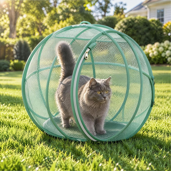 Outdoor Cat Enclosure, Giant Cat Hamster Ball for Outside, Mesh Ball Cat Cage, 360 Panoramic Rolling Cat Playpen, Foldable Breathable Mesh Pet Playpen with Zipper, Cat Outdoor Ball Cage