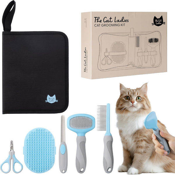 The Cat Ladies Cat Grooming Kit - 5 Piece Brushes Kit - with Comb and Matted Fur Undercoat Deshedding Cat Hair Brush for Long Haired Cats or Short Haired Kittens or Bunny Rabbits
