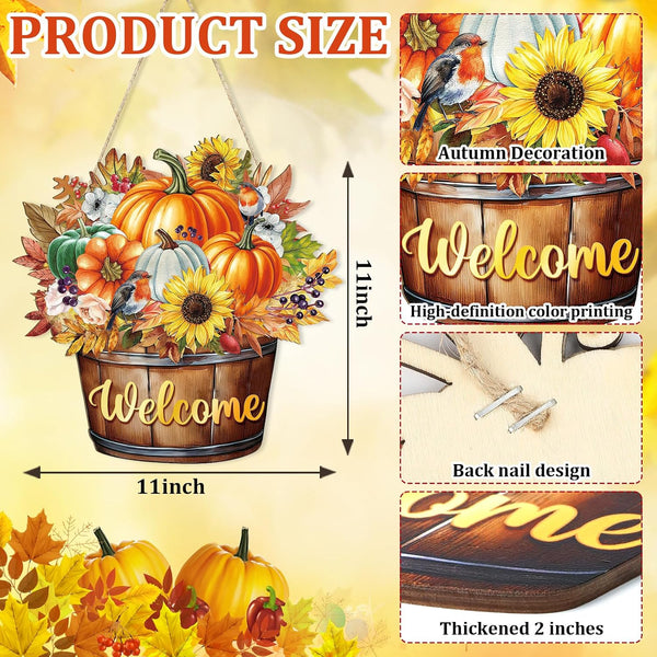 Fall Decoration Welcome Wreaths for Front Door, Wooden Hello Fall Pumpkin Thanksgiving Door Sign Ornament, Wood Mason Jars Maple Leaf Flower Farmhouse Hanging for Autumn Harvest Porch Home Decor
