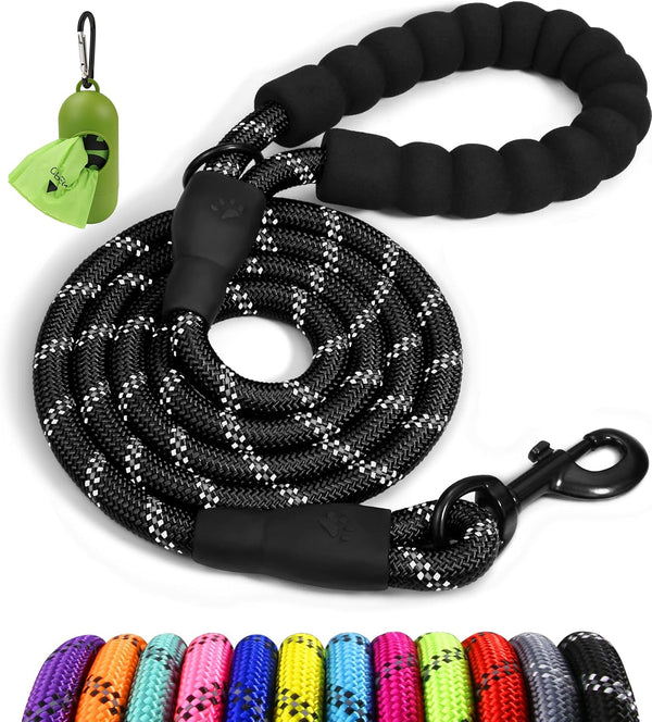 Taglory Rope Dog Leash for Medium Large Dogs, 6 FT Padded Handle, Black | Climbing Rope for Strong Pullers, Reflective for Night Walks and Training, Comfortable Grip, Anti-tangle Swivel Clip 1/2 inch
