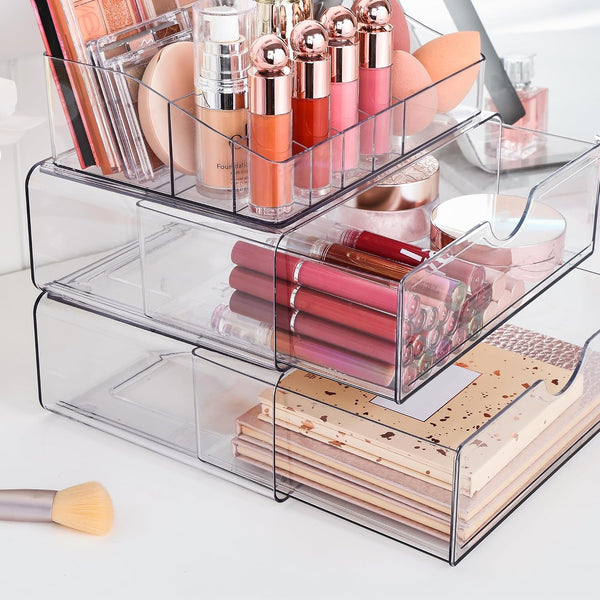 Vtopmart 3 Tier Clear Makeup Organizer with 2 Drawers | Smart Storage Layout, Clear for Better Visibility, Stackable, Large Capacity, for Makeup Lipstick Brush Skincare