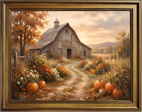 PMKXFGK Retro Gold Frame Autumn Farmhouse Wall Art Rustic Barn Canvas Print Poster Pumpkin Field Landscape Painting Vintage Fall Country Cottage Decor for Living Room Bedroom Thanksgiving 8x10inch