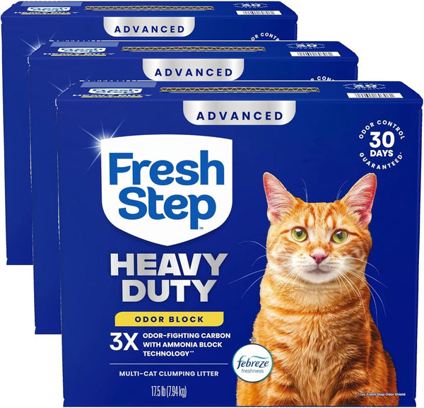 Fresh Step Heavy Duty Odor Block Advanced Multi Cat Clumping Litter with Febreze, 52.5 lb (Package May Vary),(17.5lb Pack x 3)