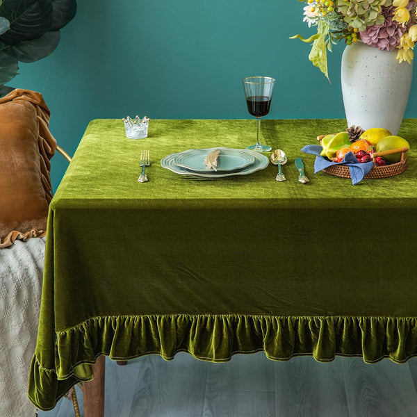 GLORY SEASON Velvet Tablecloth Luxurious Solid Rectangle Table Cloth,Oblong Retro Farmhouse Ruffle Tablecloths Washable Table Cover for Party Olive Green,52x70 Inches