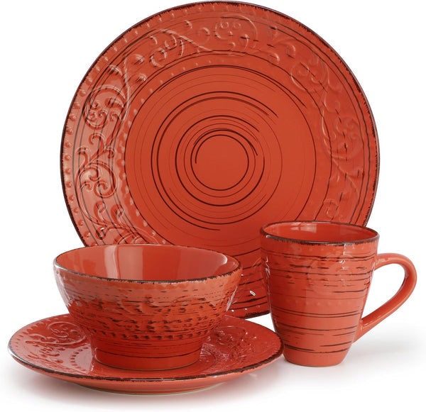 Elama Malibu Jasper 16-Piece Stoneware Embossed Pattern Reactive Glaze Orange Dinnerware Set, Tableware, Serveware Set (Jasper Orange)