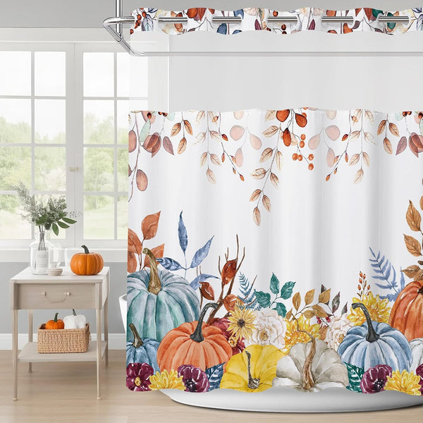No Hooks Fall Shower Curtain with Snap in Liner, Thanksgiving Watercolor Pumpkin Plant Flower Shower Curtain for Bathroom,Autumn Bathroom Decor See Through Top Window Double Layers 71x74 in