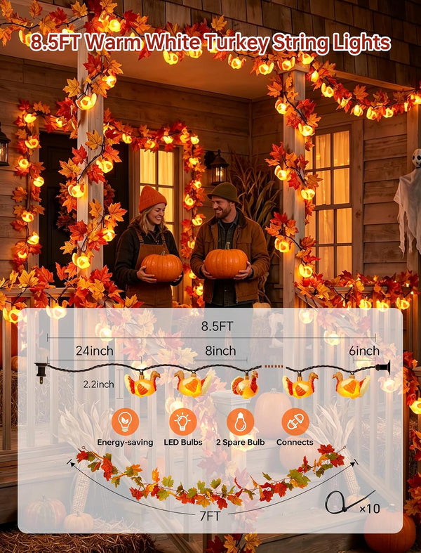 8.5Ft Thanksgiving Turkey String Lights, 10 LED Outdoor with Garland Decor