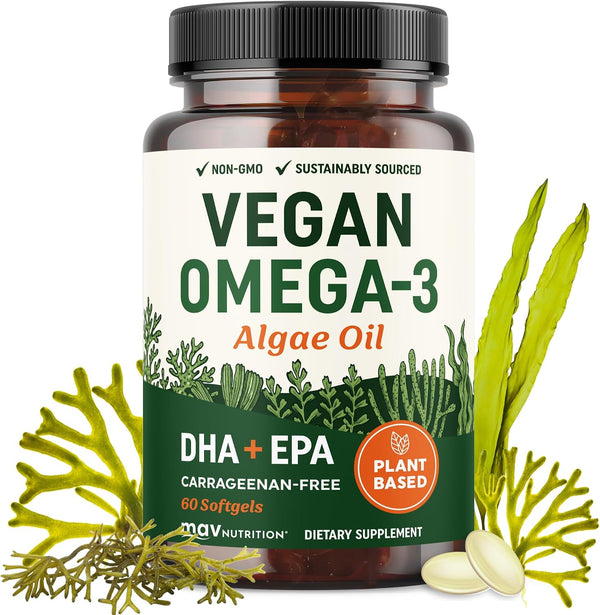Vegan Omega 3 Algae Oil | Plant Based DHA EPA | Sustainably Sourced, No Carrageenan | Heart, Brain & Eye Health Support | Fish Oil Alternative | Omega 3 Fatty Acid Supplements | 60 Softgels