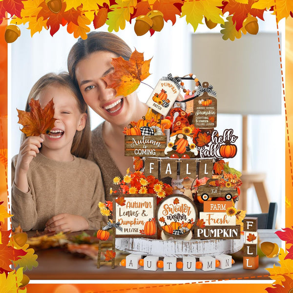 Maitys 21 Pcs Fall Tiered Tray Decor Set Vintage Pumpkin Gnome Truck | Thanksgiving Centerpiece, Wooden Signs Bead Garland, Rustic Farmhouse Autumn Styles for Kitchen Tabletop Home Display